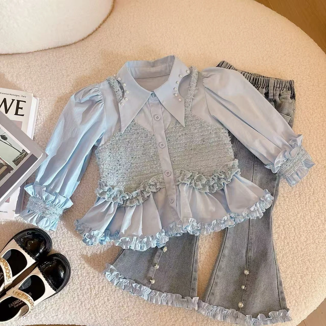 女童套装2025秋新款儿童韩系洋气时髦假两件上衣牛仔裤套装