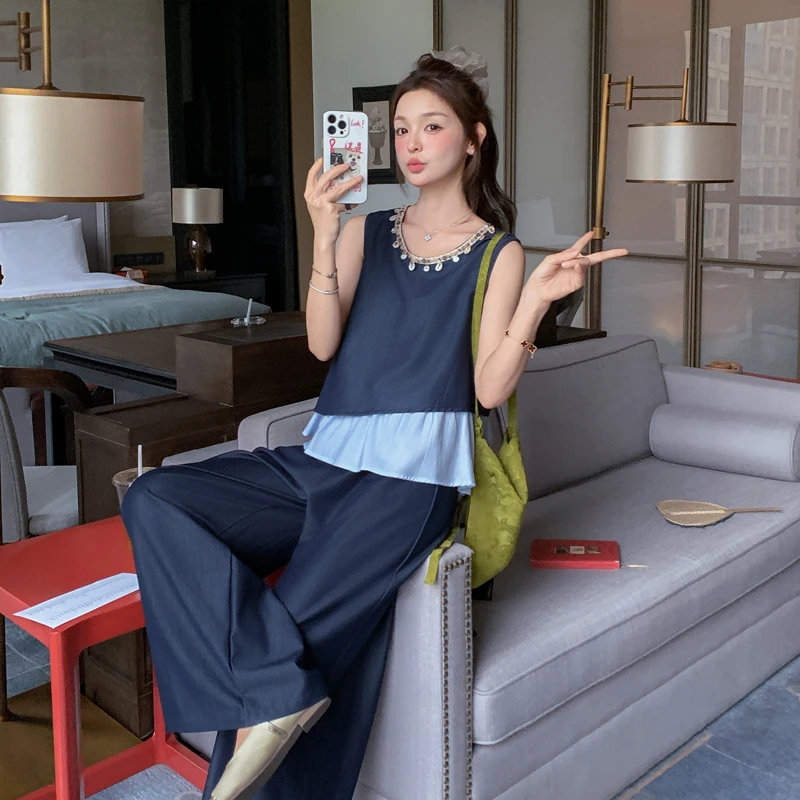 韩版轻熟风时尚套装女2025夏季新款上衣甜美无袖休闲阔腿裤两件套