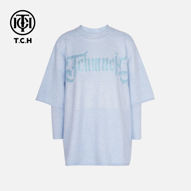 TCH私服秋冬氛围感烫钻时尚淑女蓝色针织T恤女T75C09E1139轻奢tch