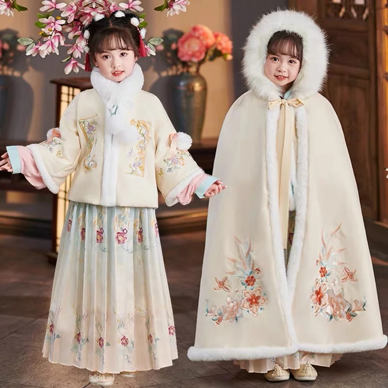汉服女童加绒加厚冬款拜年服套装古风唐装中国风仙气长袖