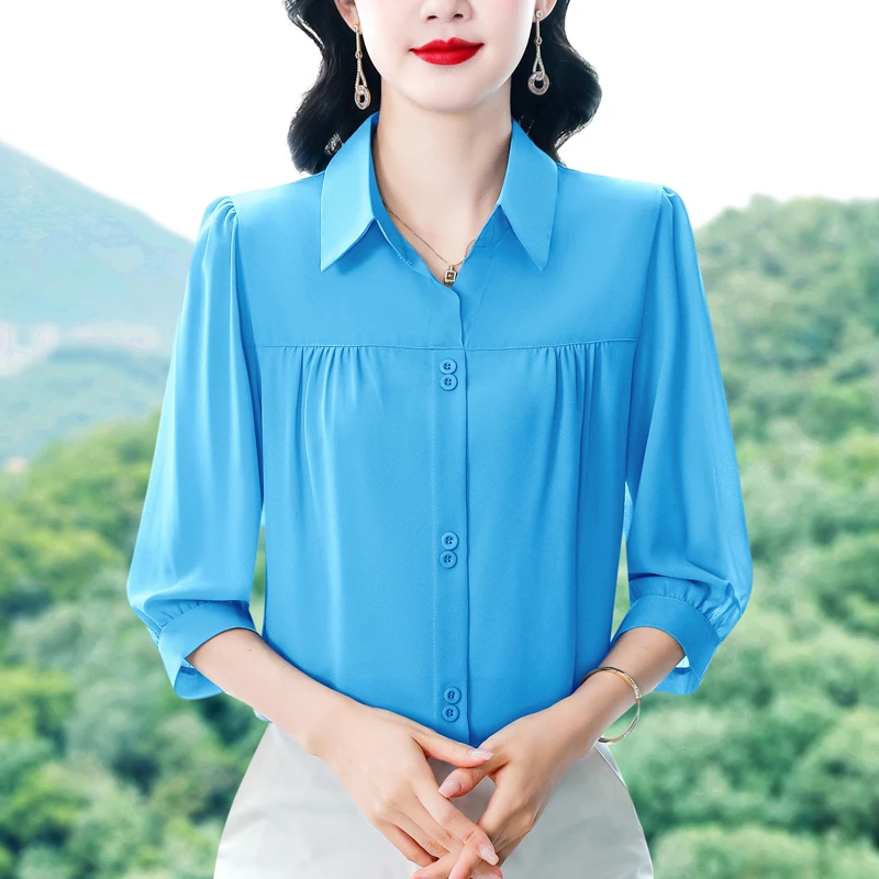 夏季女款薄款衬衫上衣气质宽松休闲桑蚕丝洋气显瘦遮肉女士衬衣