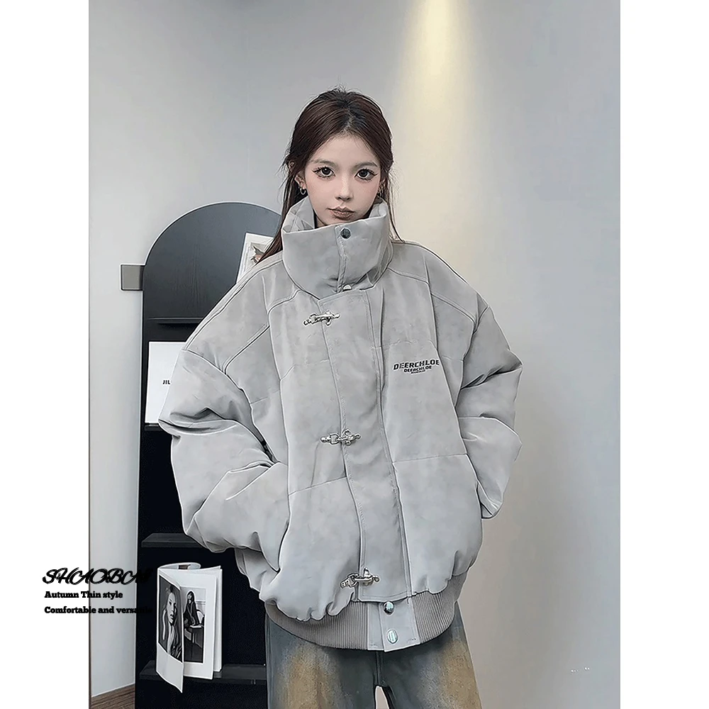 美式高街灰色扎染pu皮棉服外套男冬季加厚保暖立领设计感棉衣夹克