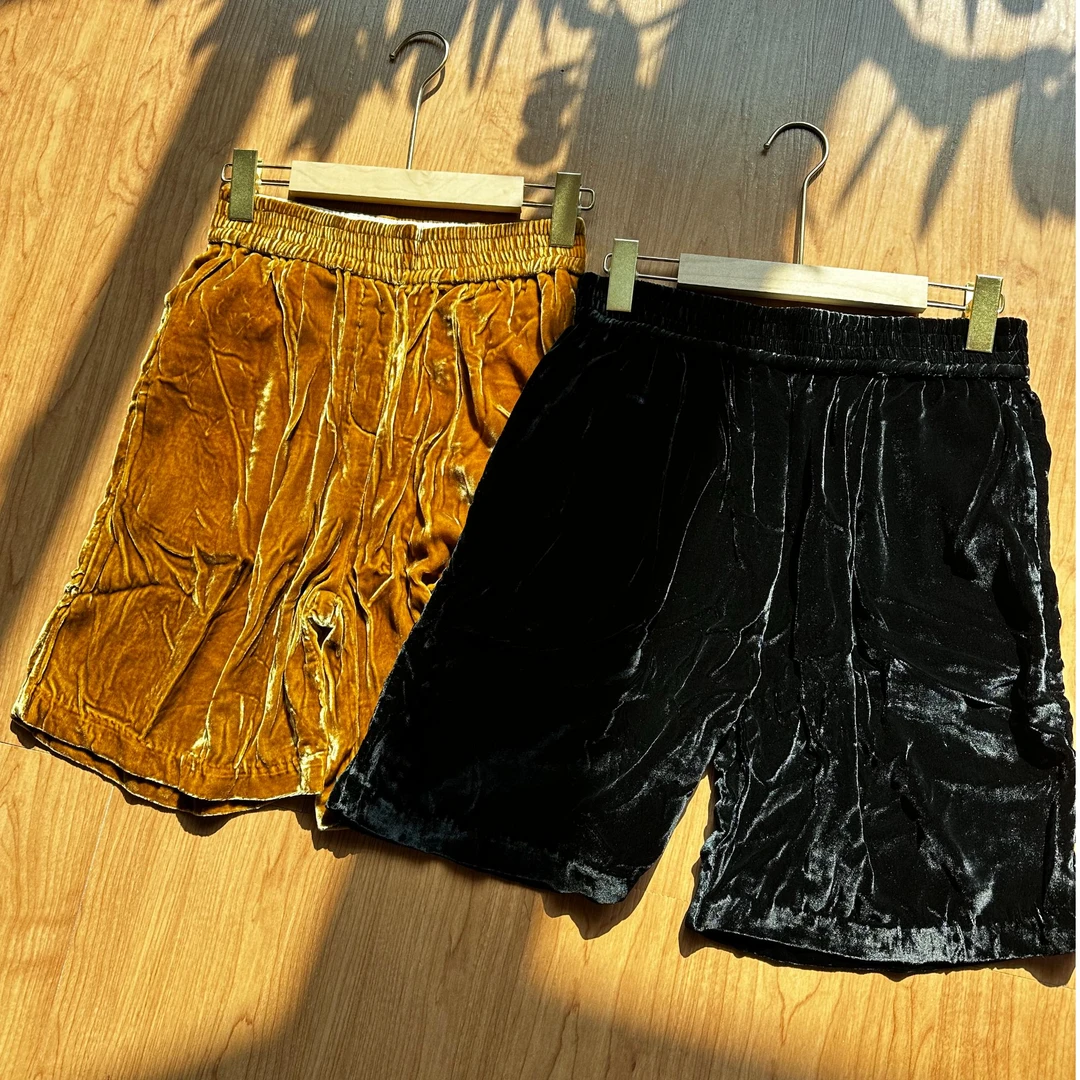 休闲宽松阔腿松紧腰丝绒短裤