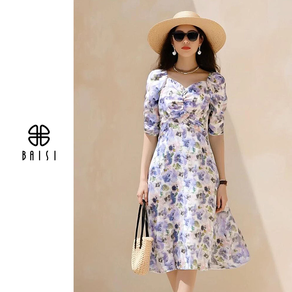 BAISI/百丝方领印花收腰连衣裙蓝色复古夏季显瘦裙子泡泡袖碎花