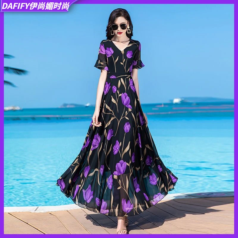 II2025夏气质大摆度假沙滩裙拖地显瘦长裙子碎花雪纺连衣裙女l