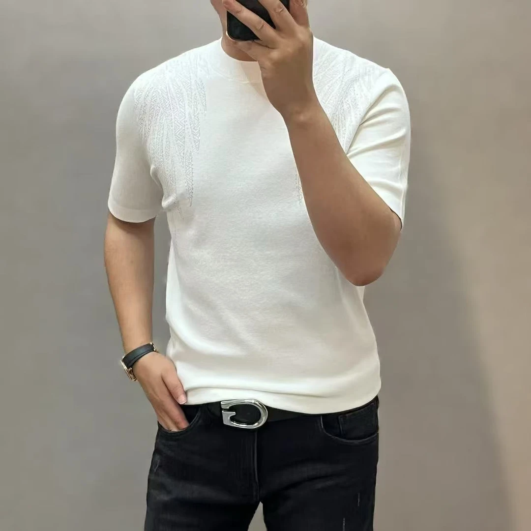 新款高端潮流男士时尚轻奢烫钻针织圆领T恤25356