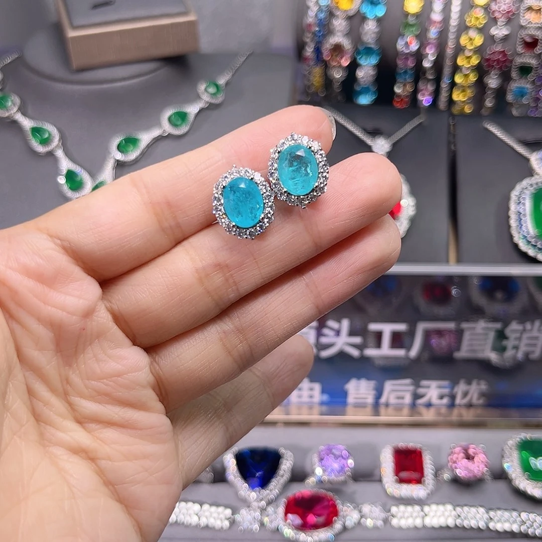 帕拉依巴碧玺耳饰银S925镶嵌194