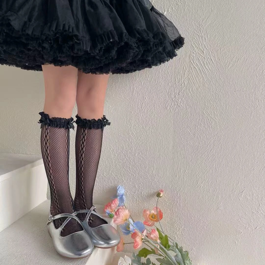 （全店满30包邮）洛丽塔少女蝴蝶结蕾丝渔网花边中筒袜薄款堆堆袜