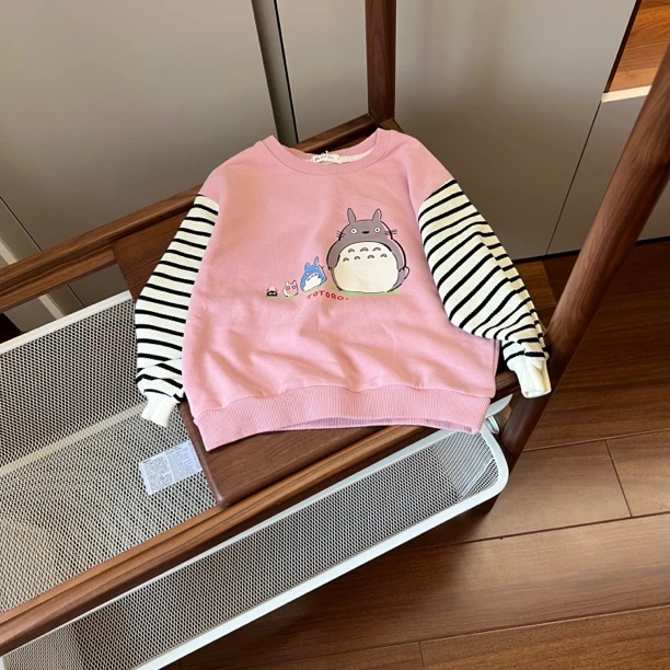 【编号N384】HL20-5CT157-09-儿童卡通龙猫印花条纹袖卫衣粉色-HL