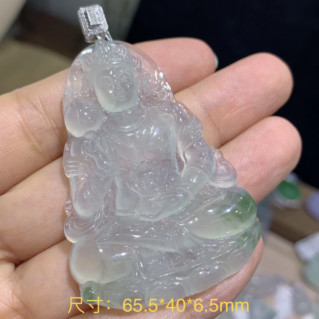 缅甸天然A货翡翠 冰种飘花揭阳手工精雕大渡母观音吊坠