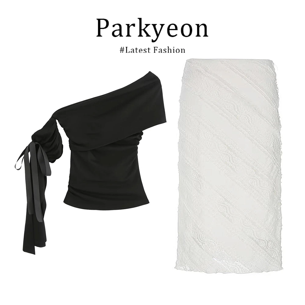 parkyeon辣妹风小个子独特小众斜肩上衣爆款时尚A字半身裙两件套.