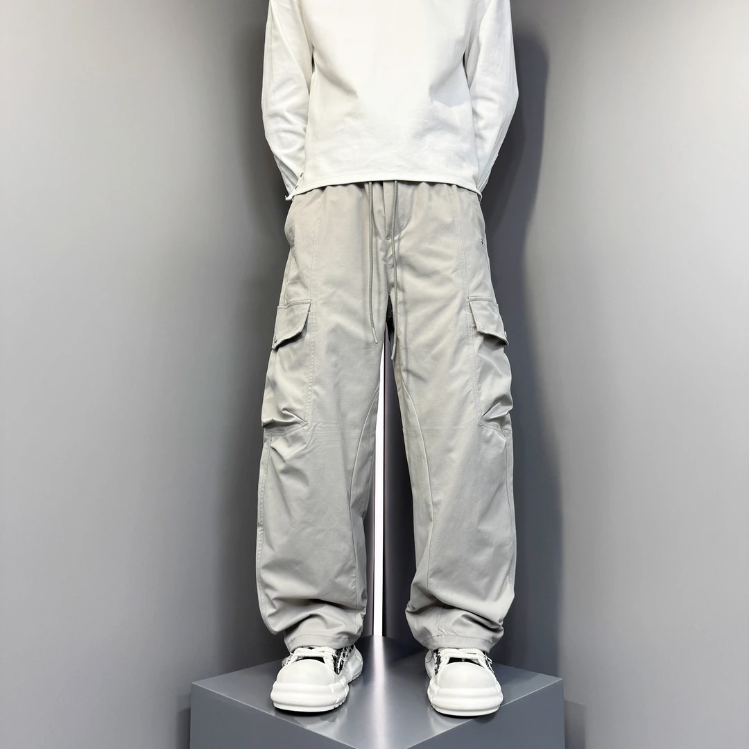 2025早秋美式多口袋工装裤纯色百搭阔腿休闲裤男士宽松直筒运动裤