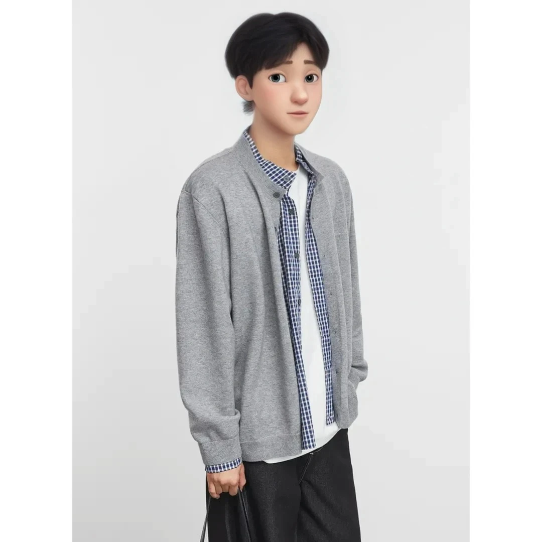 亦止假两件圆领针织开衫毛衣男士休闲衬衫时尚宽松秋季韩系学院风