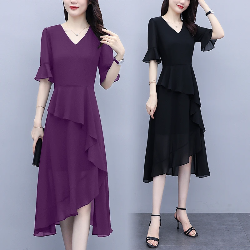 夏季新款不规则雪纺连衣裙短袖爆款时尚显瘦收腰气质洋气中长裙