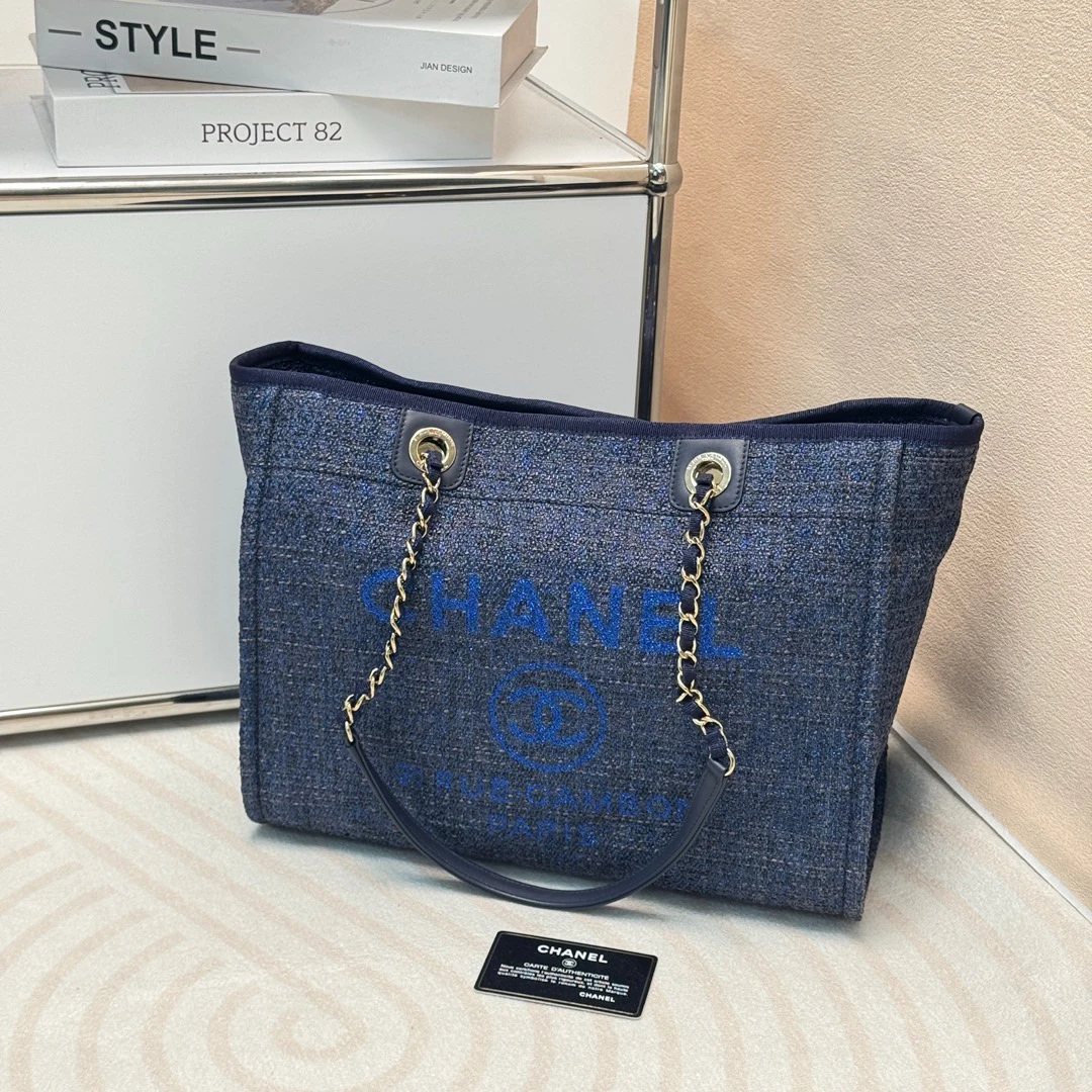 95新 Chanel/香奈儿 蓝金 棉拼尼龙拼牛皮 沙滩包中号/674297956