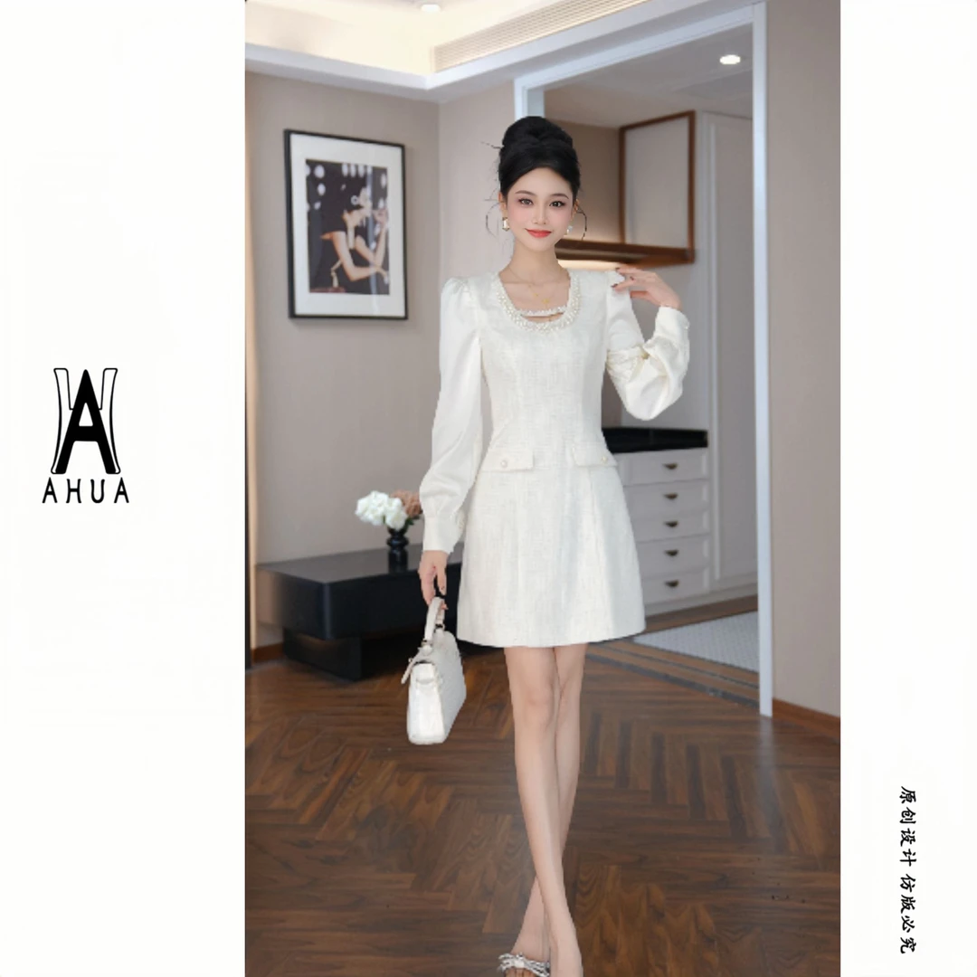 【花花原创】小香风千金穿搭长袖重工钉珠显瘦a字修身连衣裙9176