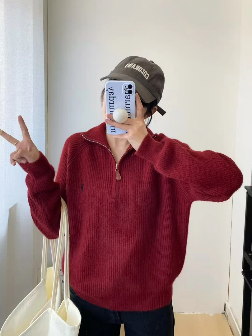 2025新款春秋冬半拉链刺绣小马慵懒风宽松百搭高级毛衣打底上衣女