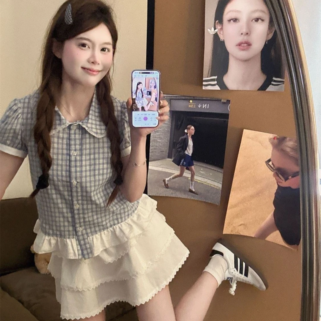 蕾丝荷叶边文艺格纹蓝色短袖棉衬衫上衣女夏季新款娃娃领修身显瘦