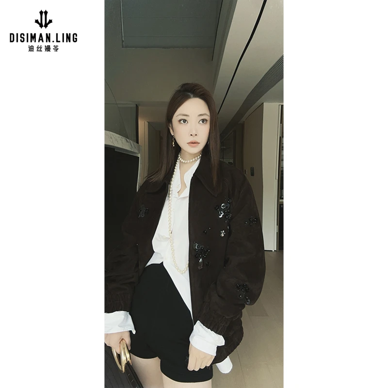 迪丝嫚苓咖色皮外套时尚休闲百搭绵羊皮重工宽松柔软舒适复古轻奢