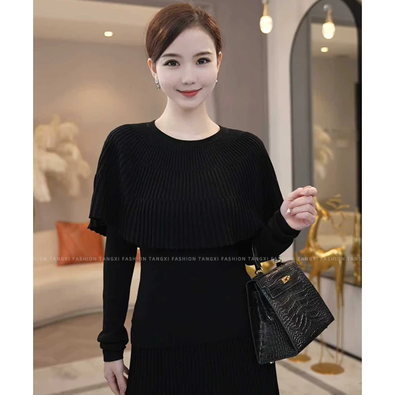 2026秋冬季新款【8208】含绵羊毛斗篷设计百搭慵懒风黑色针织毛衣