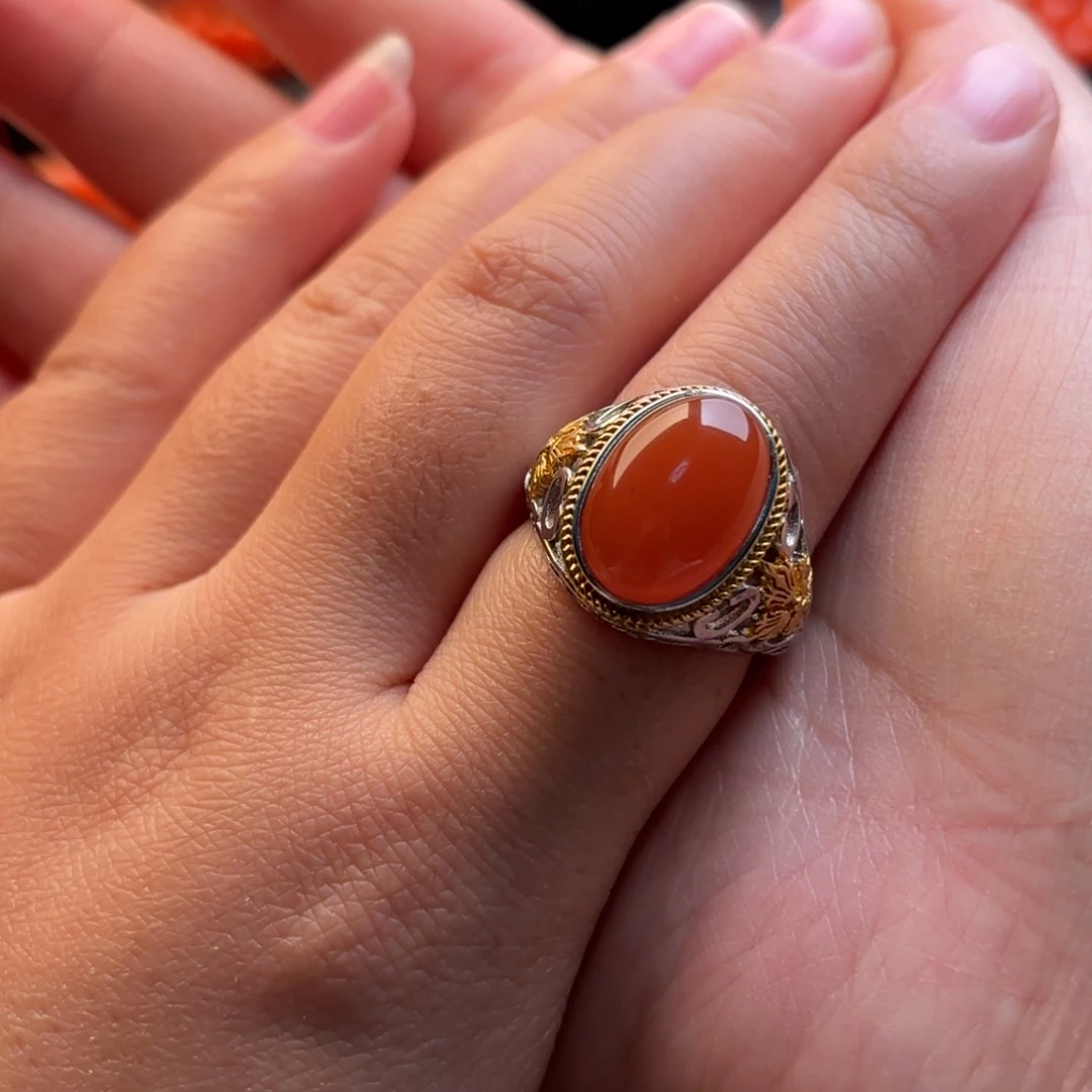 南红玛瑙银S925镶嵌戒指