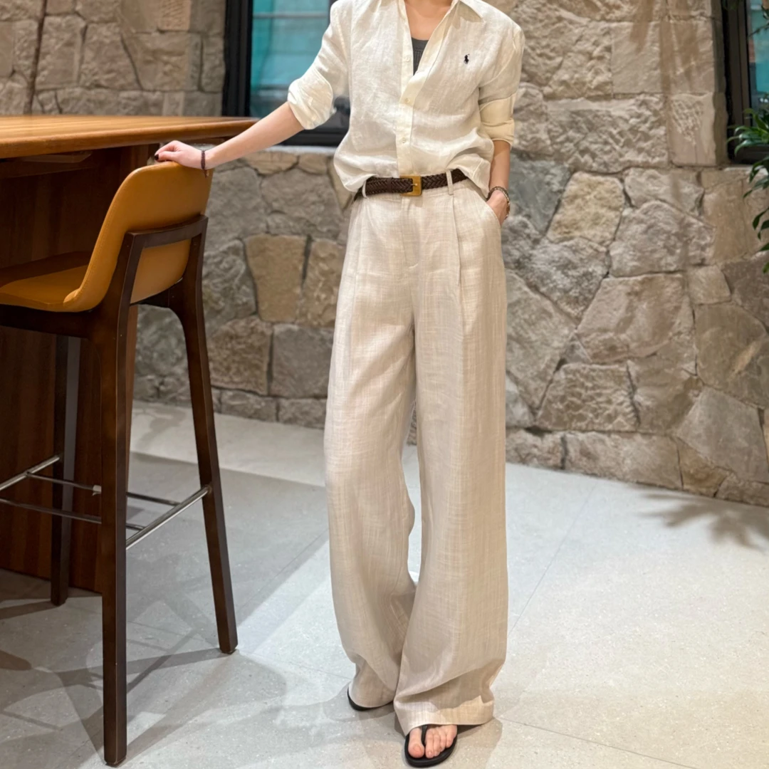 380夏季新款【中古】百搭高腰休闲亚麻裤原麻色松弛感显瘦阔腿裤