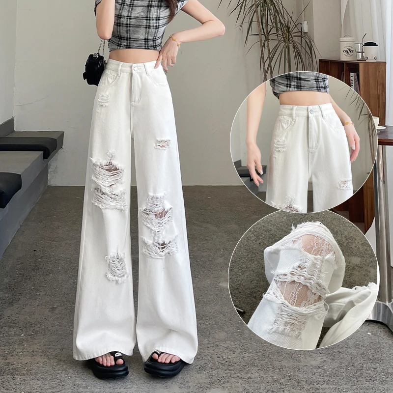 蕾丝破洞牛仔裤女2025年夏季薄款高腰显瘦宽松超火阔腿裤堆堆裤