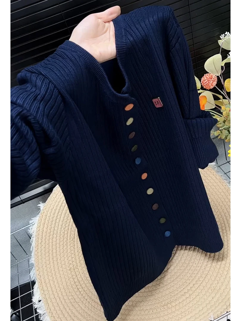 双十一藏青色圆领针织开衫女秋冬季2025新款别致设计感打底衫上衣