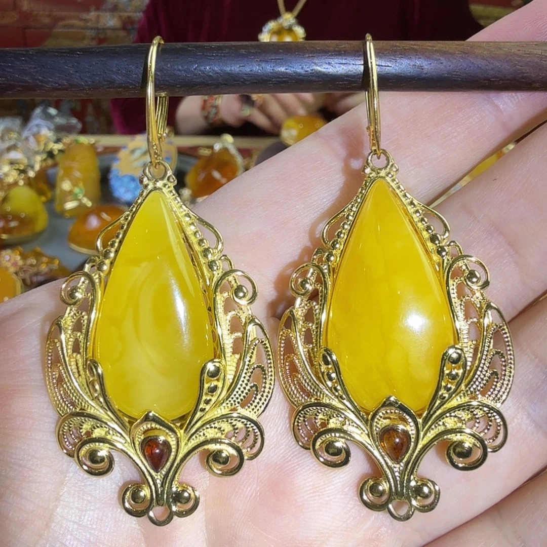 蜜蜡银S925镀金镶嵌耳环