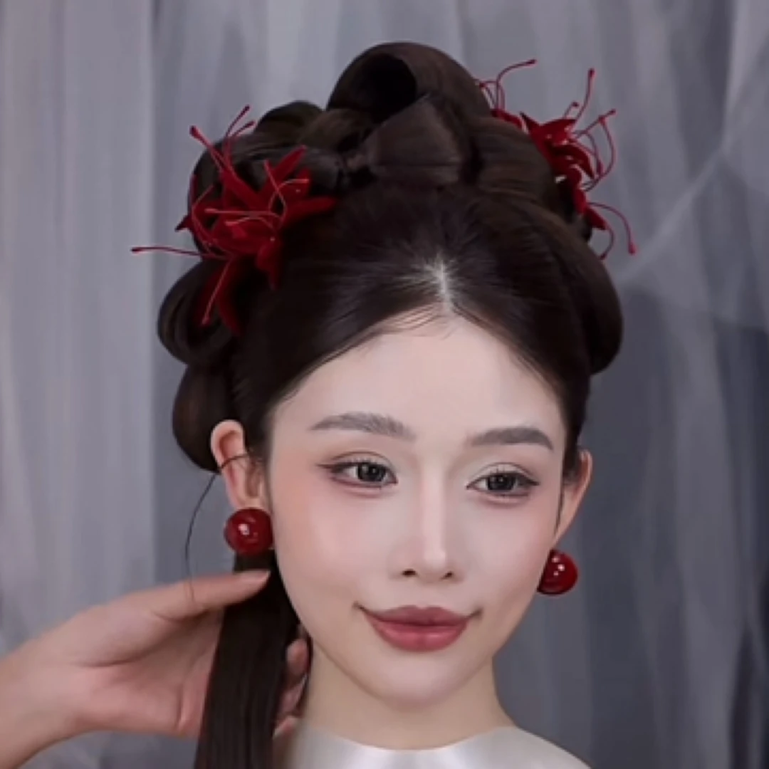 HF2135红色绒花小众新中式新娘头饰饰品