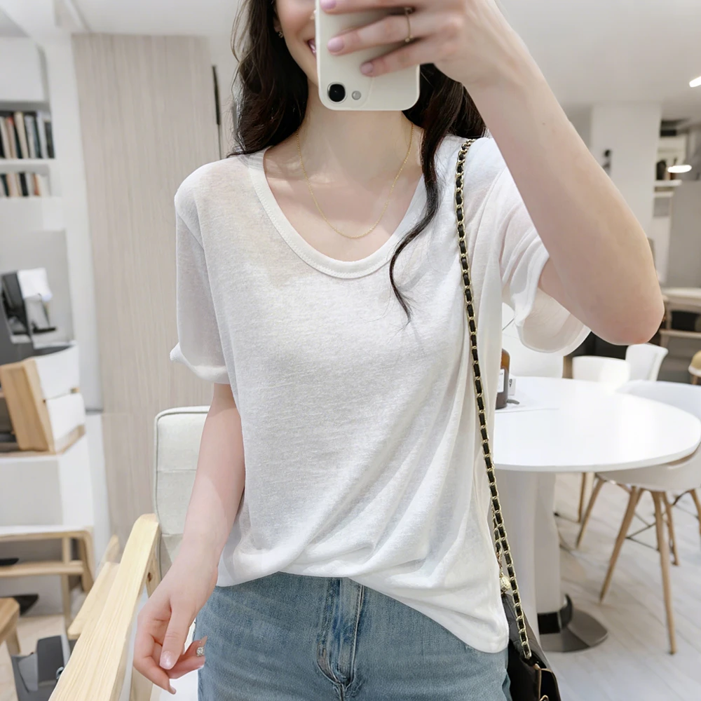 夏季薄款宽松U领正肩短袖T恤减龄基础款雪花棉休闲复古显瘦上衣女