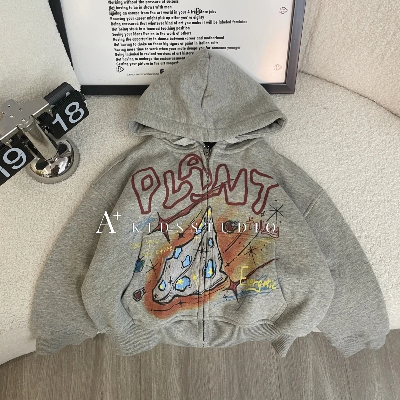 现货【文文妈】春装儿童韩版潮流嘻哈风印花休闲卫衣连帽外套SJ4926