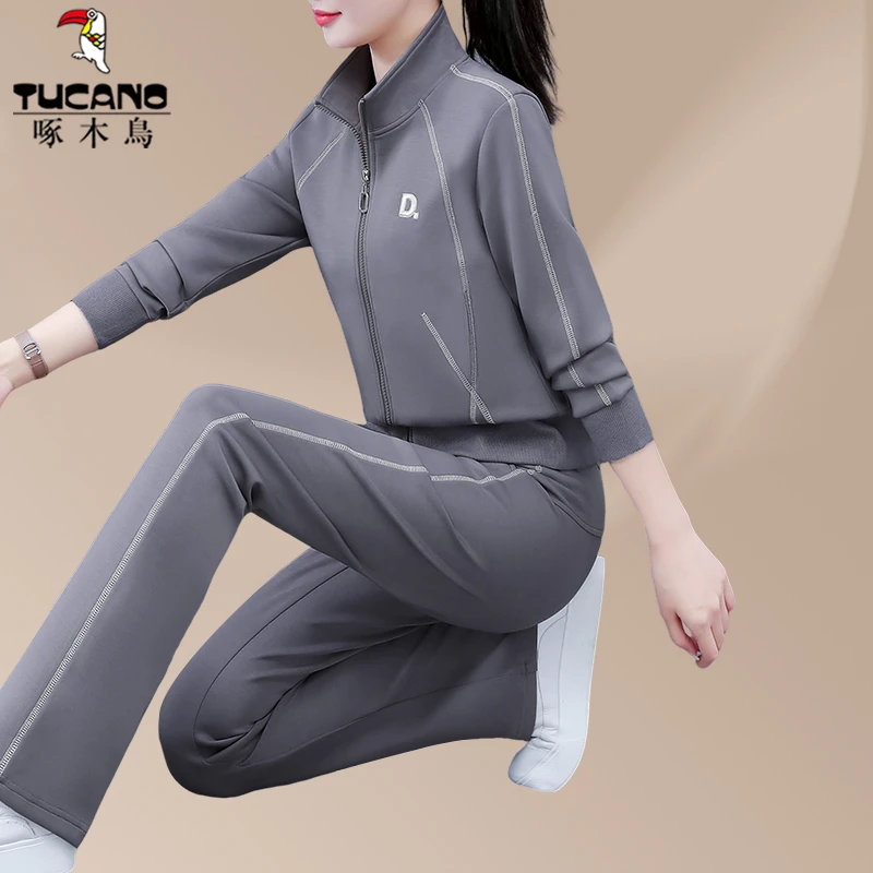 啄木鸟品牌运动套装女春秋新款女装立领卫衣外套妈妈显瘦两件套