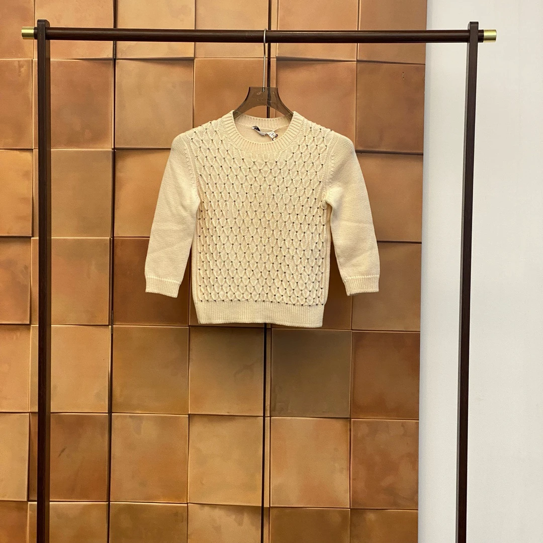 未使用 DIOR/迪奥 米白色水钻满印羊毛针织毛衣/34码/30917