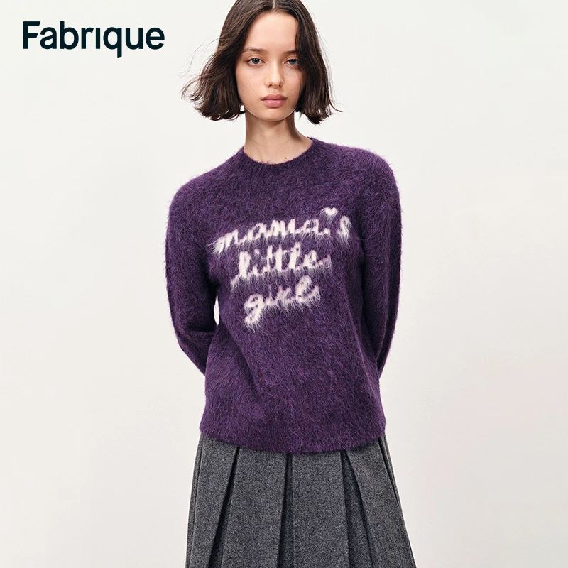 Fabrique Girlie 秋冬新品藤萝紫手写标语羊驼毛圆领休闲针织毛衣