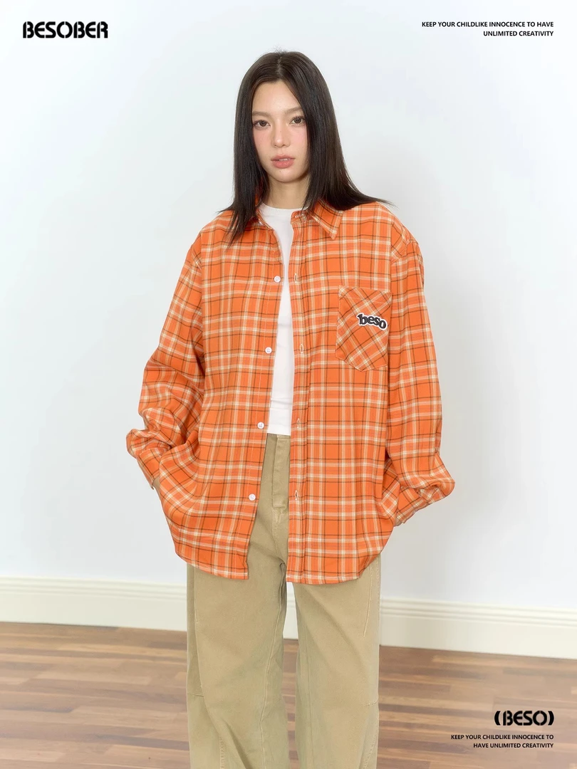 BESOBER原创 橙色宽松刺绣格子衬衫开衫上衣女复古休闲衬衣外套秋