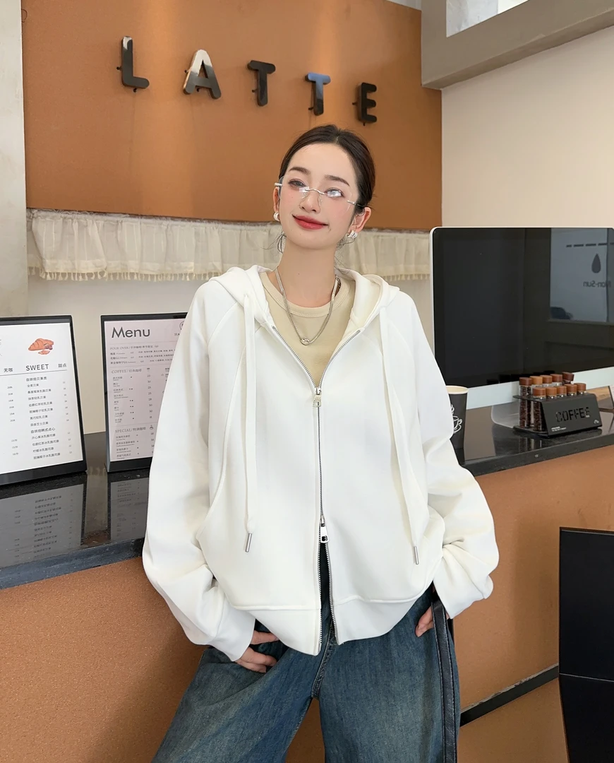 口袋休闲时尚宽松短外套韩式春季女纯色运动连帽薄款