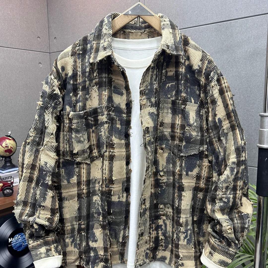 秋季美式复古撞色格子衬衣长袖衬衫宽松情侣休闲外套