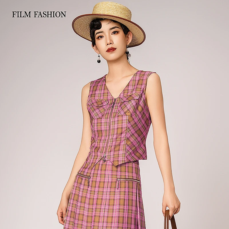 一电影一时装夏季新款连体粉色格纹背心短款马甲女士 FFAG131329