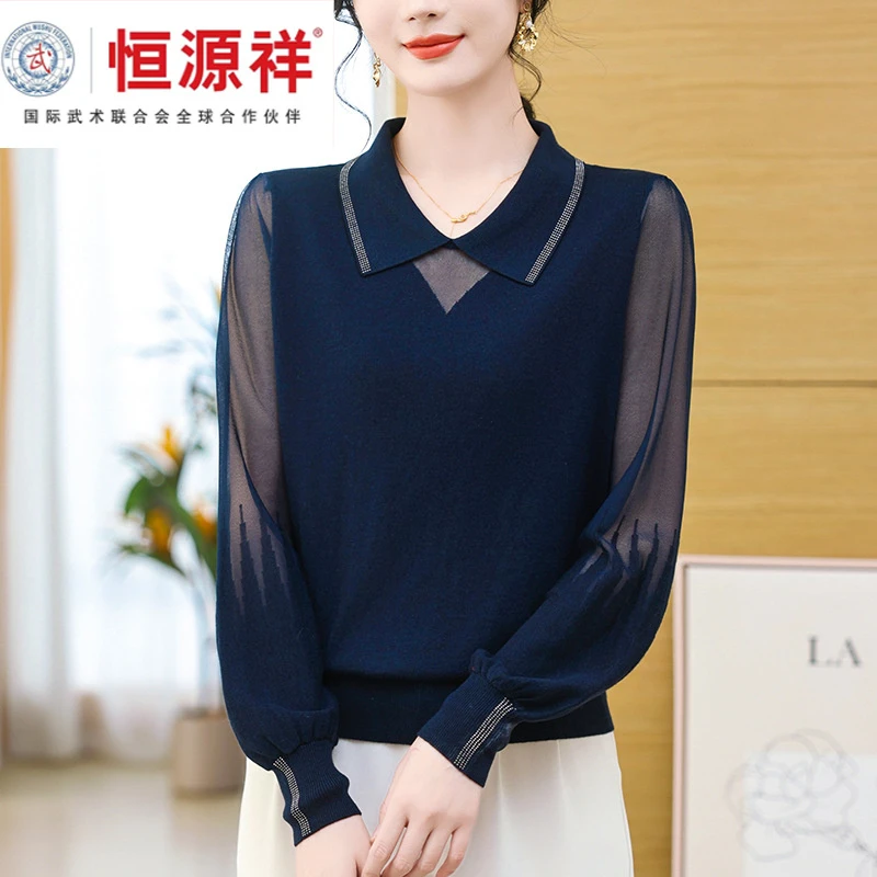 恒源祥集团娃娃领长袖针织衫上衣女2025年春夏季新款减龄妈妈纱袖