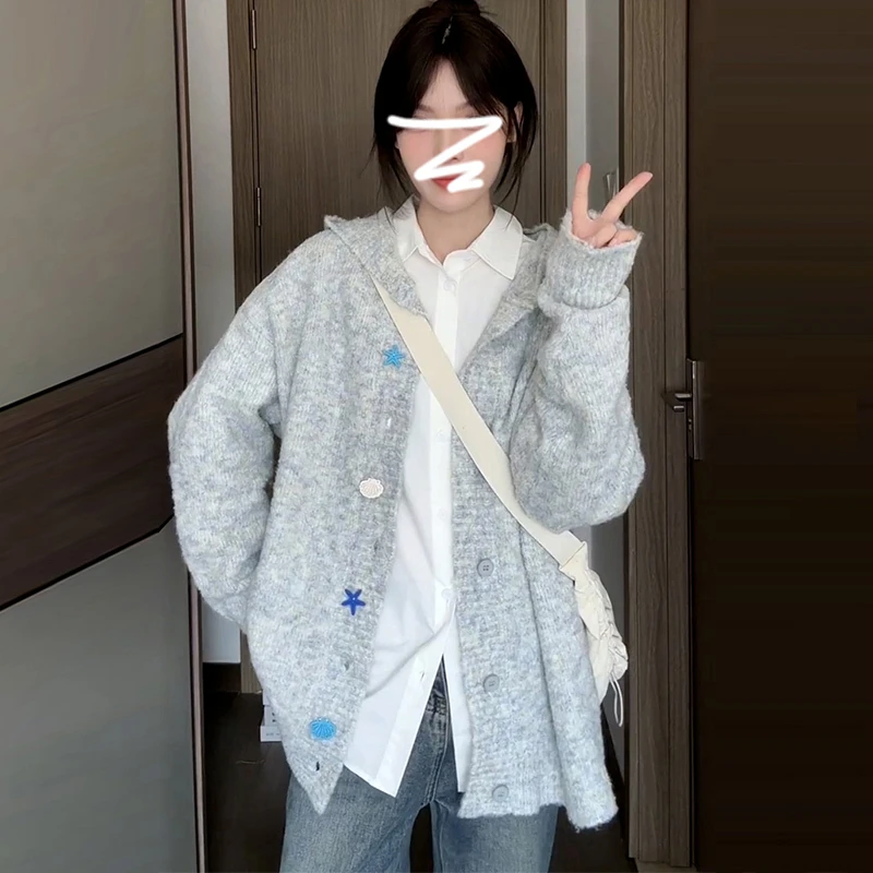 灰色软糯连帽针织开衫外套女春秋冬季韩系高级感穿搭慵懒风毛上衣