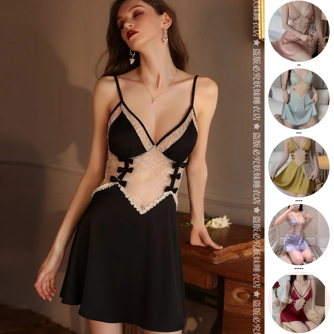 甜美蕾丝加胸垫睡衣聚拢露背吊带睡裙家居服套装蝴蝶结系带美背
