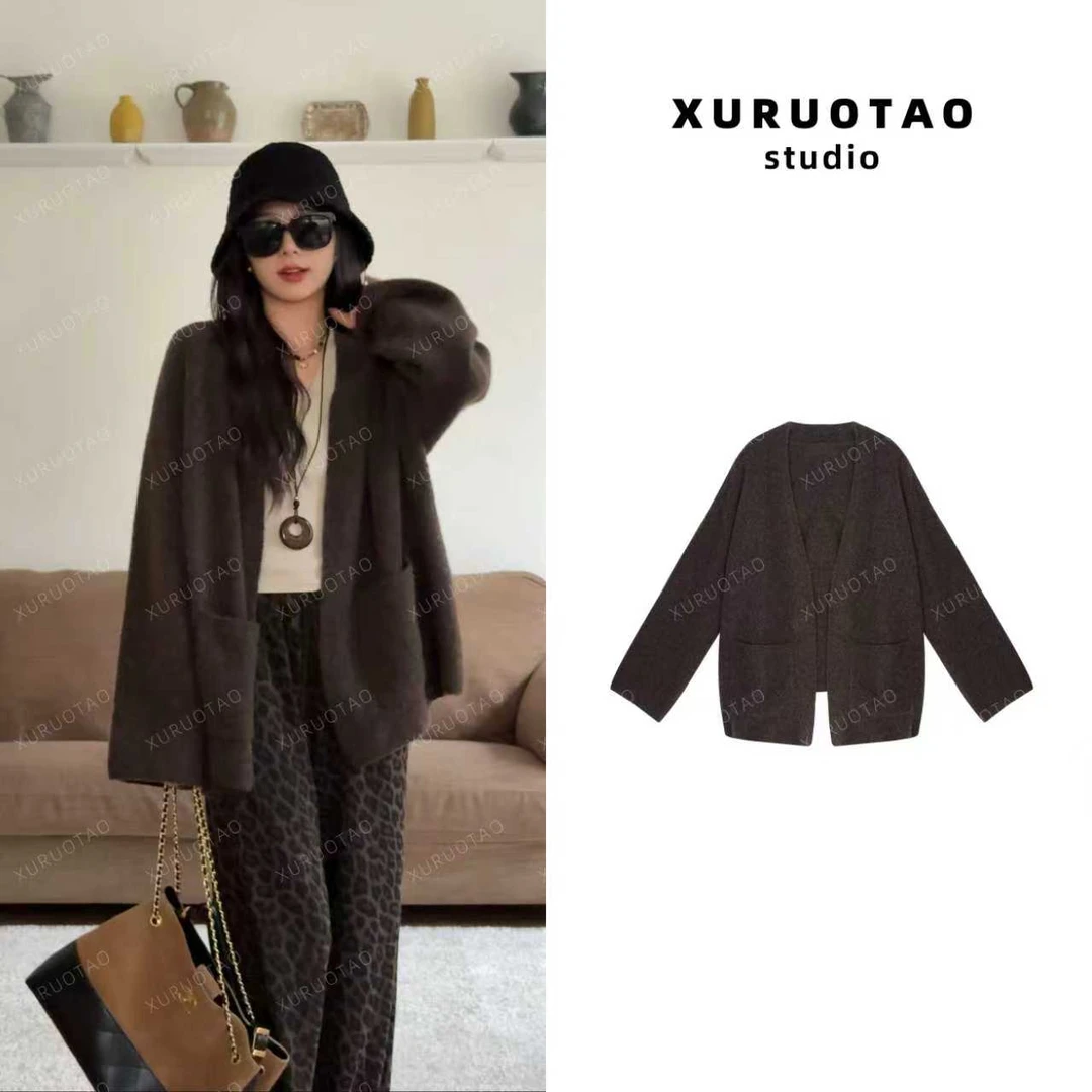 XURUOTAO 【诺丁山毛衣】牦牛绒羊绒混纺设计显瘦咖色外套 T5666