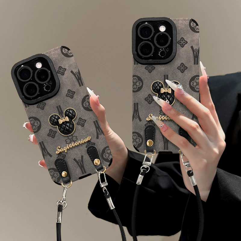 立体米奇适用苹果16pro瞳眼翻毛皮挂绳手机壳女华为vivo小米oppo