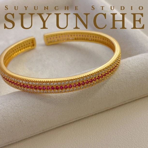 铜合金合成锆石手镯 Suyunche2674古法玫红拼色时尚质感气质手镯