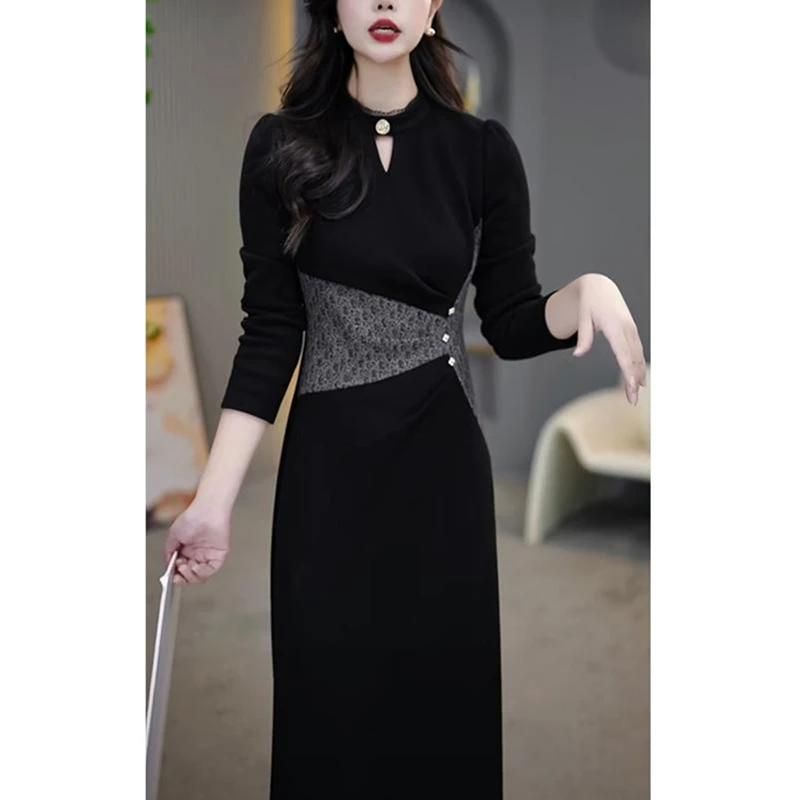 【婷哥专属】2025新款复古修身显瘦开叉中长款女装连衣裙子D0162