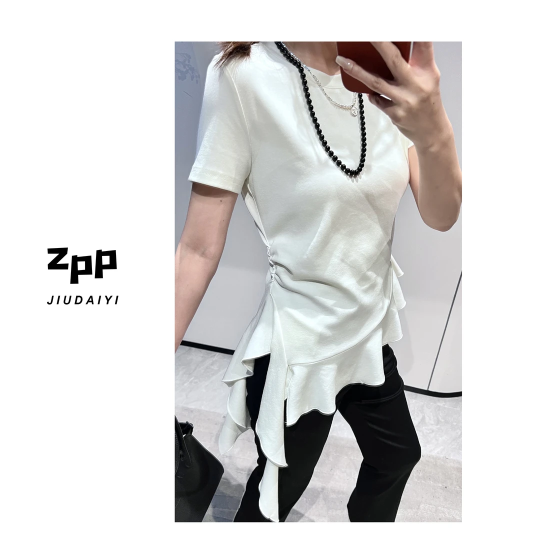 玖黛衣【灵动少女】Q新款荷叶边显瘦百搭垂感短袖T恤TXP39089