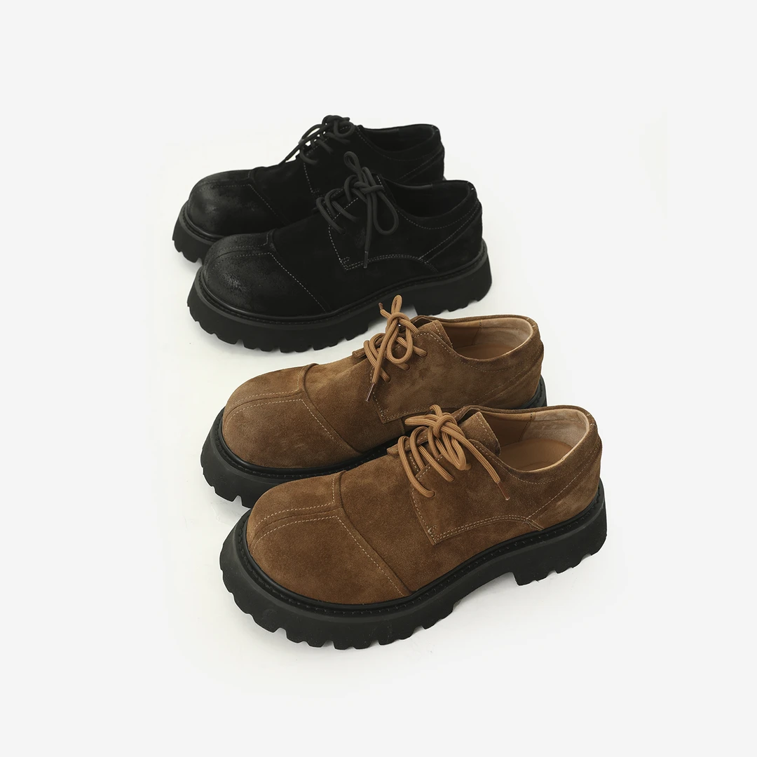 美式复古做旧头层牛反绒皮休闲男鞋2025秋季轻质软厚底大头德比鞋