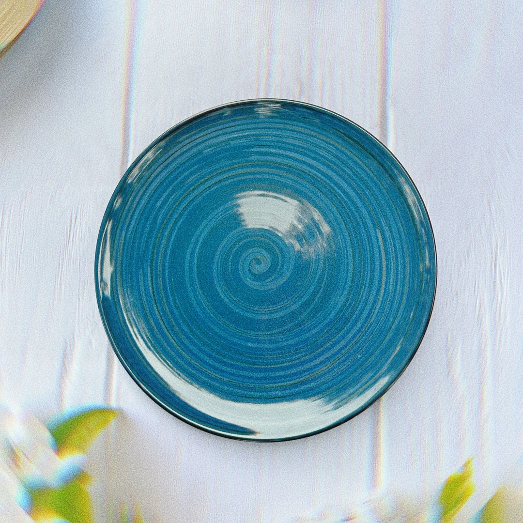 蓝色复古风螺纹欧式釉下彩盘子纯色菜盘中国风陶瓷手工绿色手绘