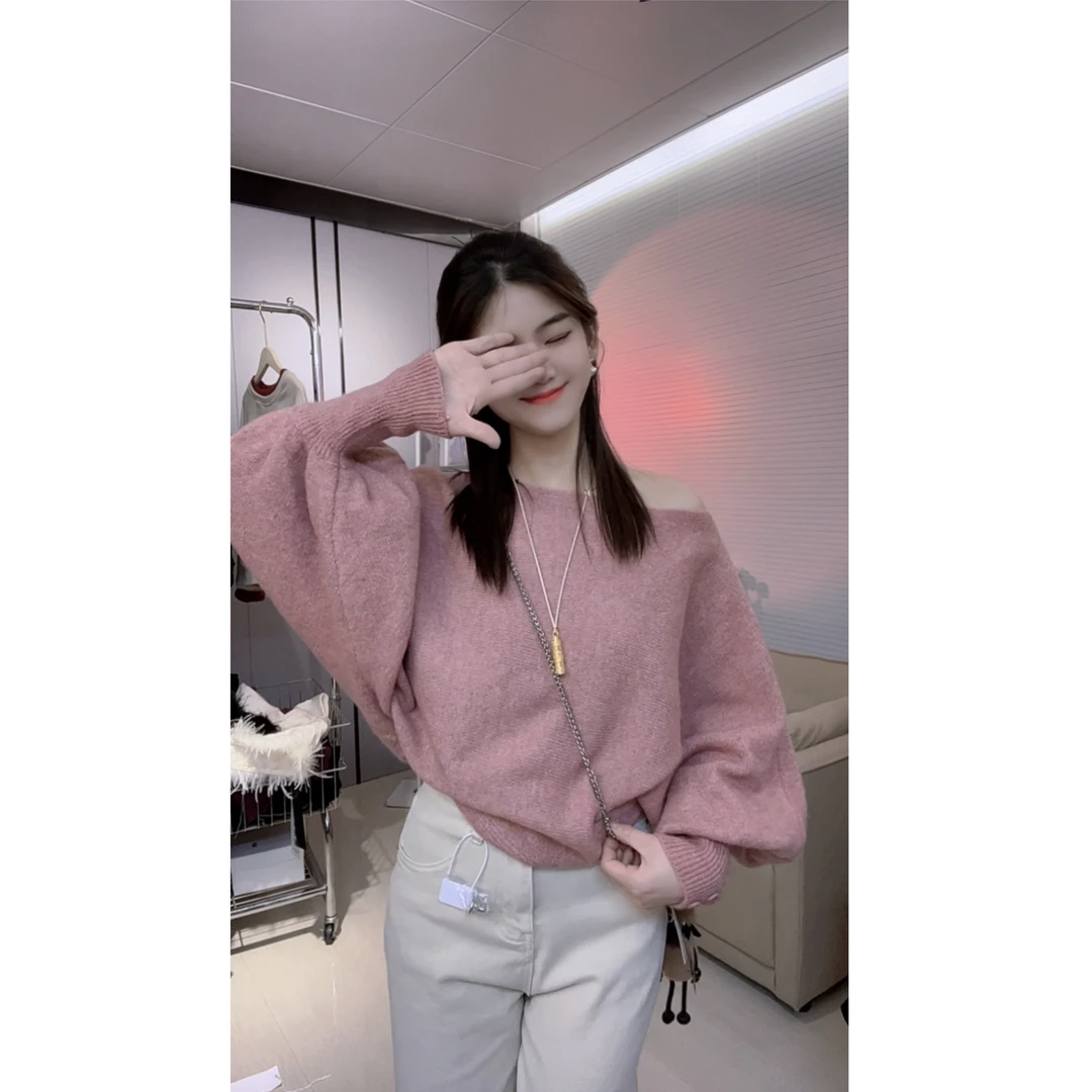 韩系设计感一字领灯笼袖斜肩针织衫女冬季蝙蝠袖毛衣内搭打底上衣